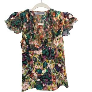 Nu Collective 100% Silk Floral Ruffle V-Neck Smocked Back Blouse Multicolor XS